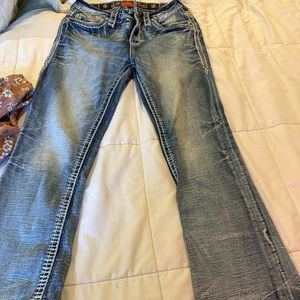 Rick Revival pine bark easy boot jeans, size 26.